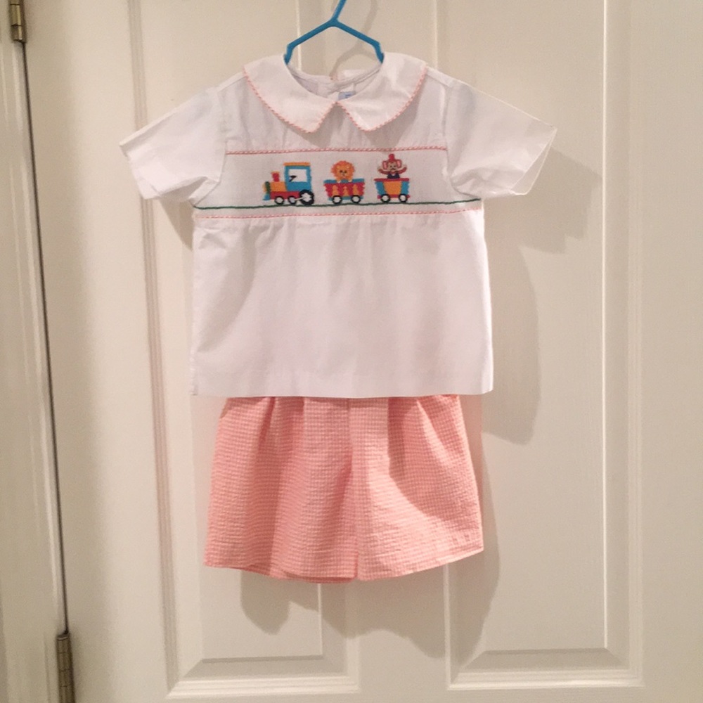 smocked set with hardly noticeable stain on shirt